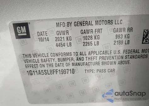 2015 Chevrolet Malibu 1Fl из США, поврежденный, VIN 1G11A5SL8FF199710